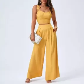 Yellow Two Piece Open Back Suspender Top with High Rise Wide Leg Pants