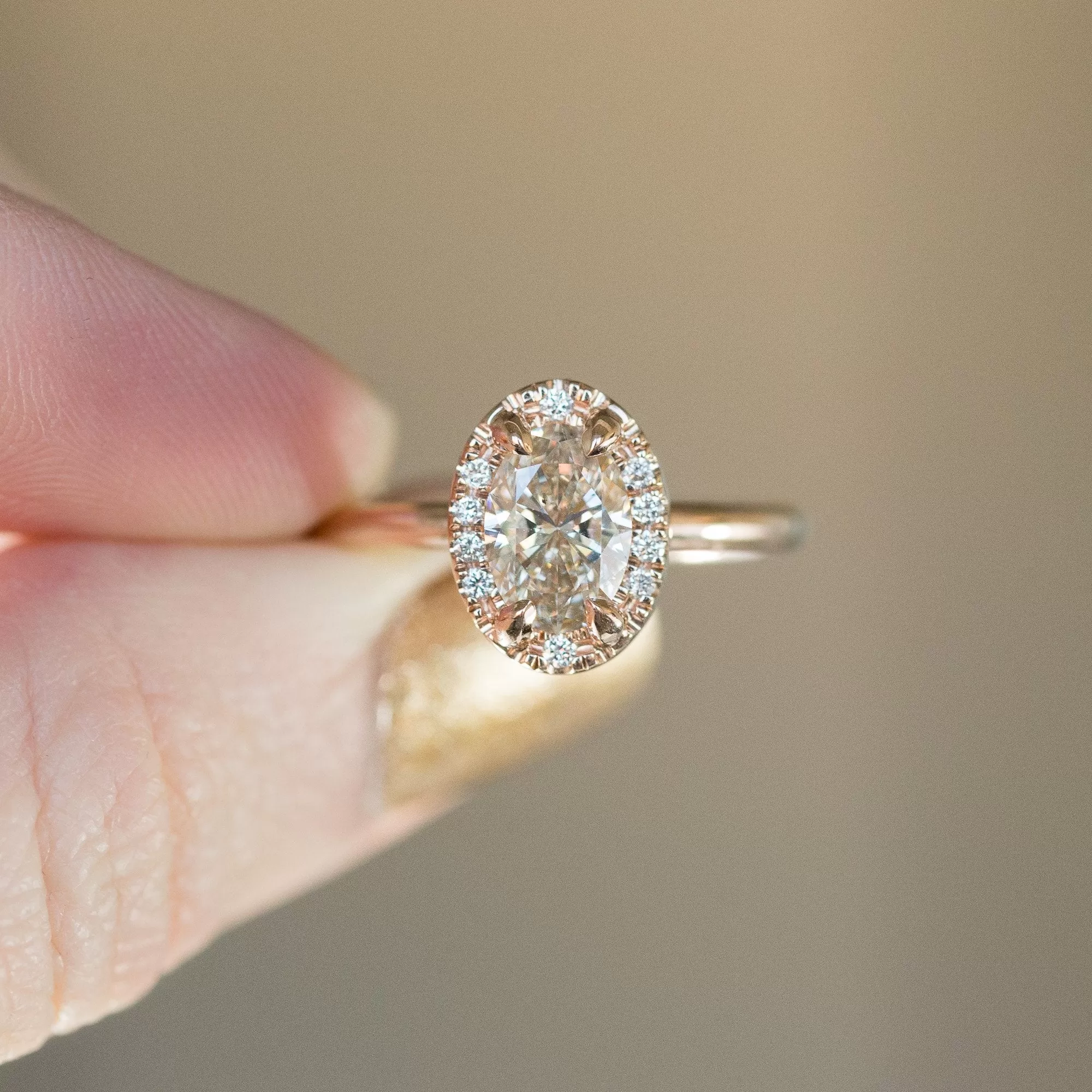 1.01ct Oval Champagne Diamond in Halo 18k Rose Gold Setting