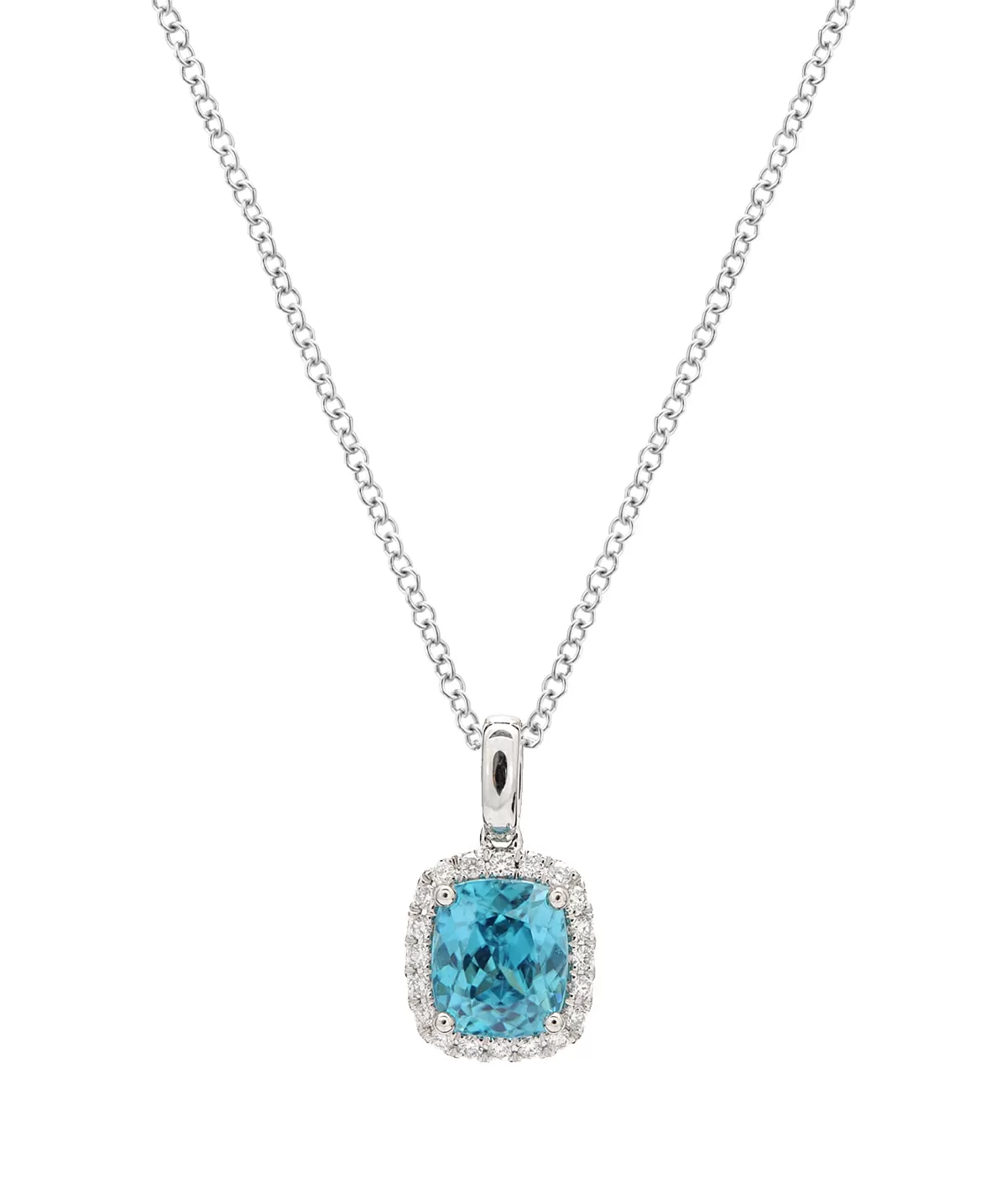 14K White Gold Blue Zircon and Diamond Halo Pendant