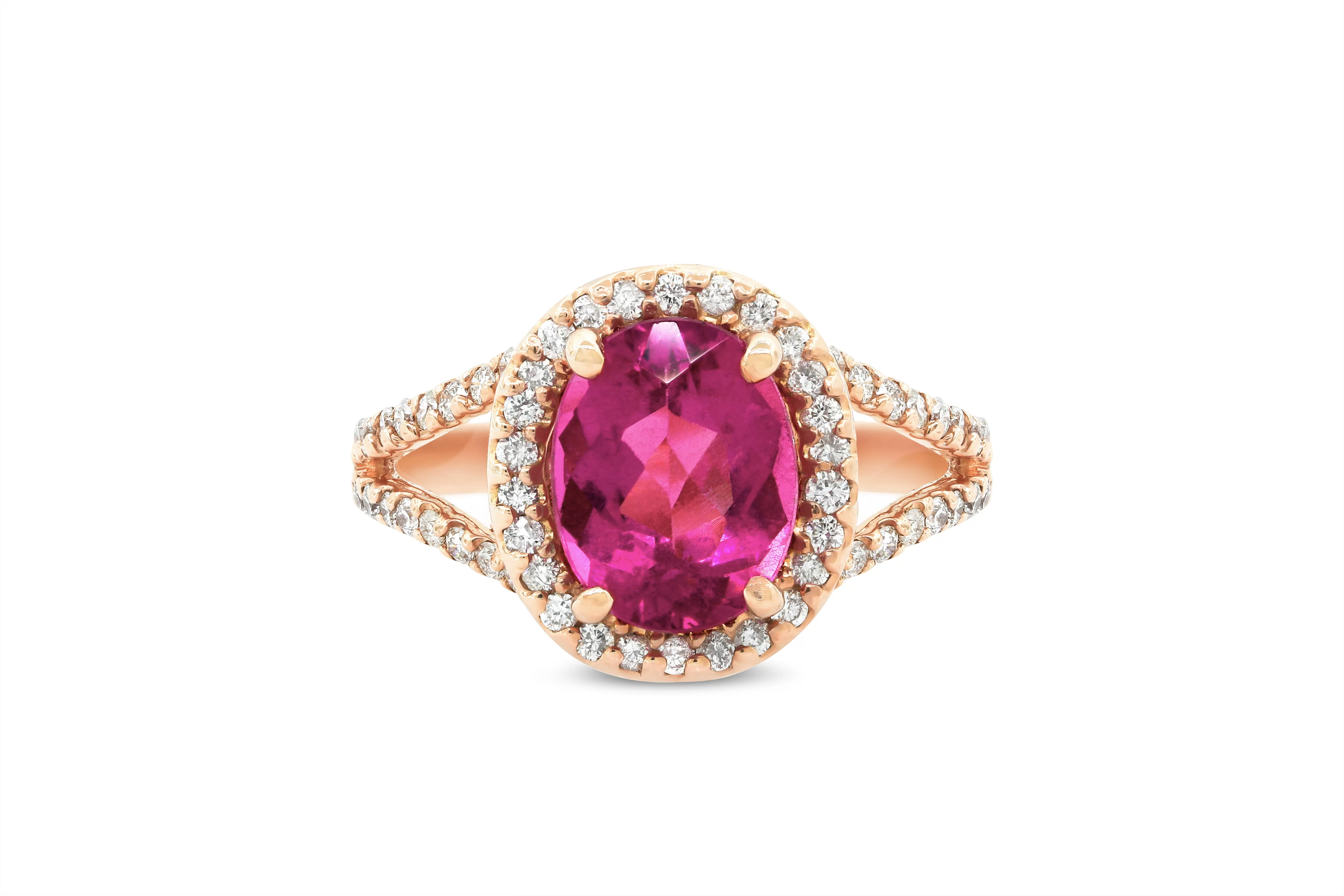 2.07 CT Oval Pink Tourmaline V Split Diamond Ring 0.63 CT TW 14K Rose Gold PTR004