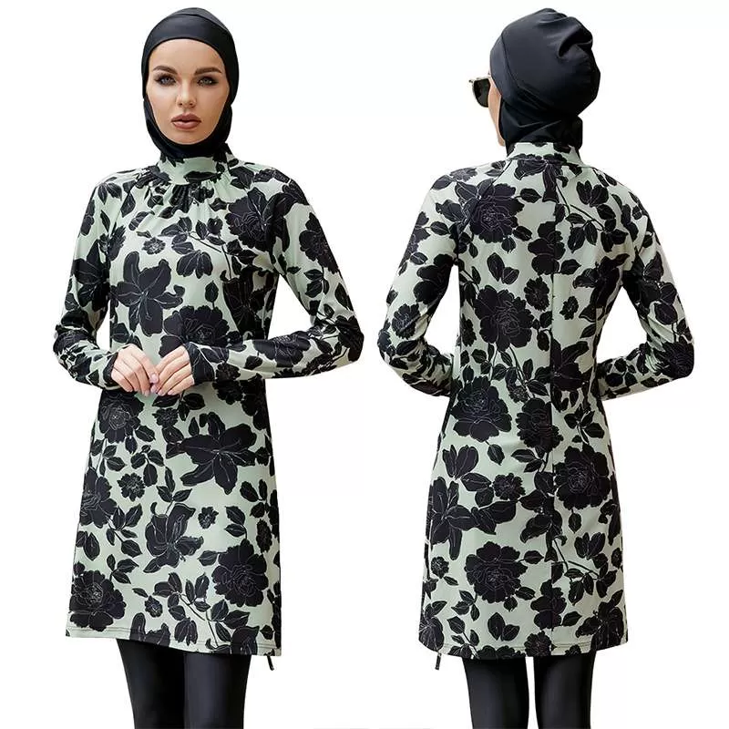 3 Pieces Set Floral Printed Burkini Bathing Suit Swimwear For Muslim Women