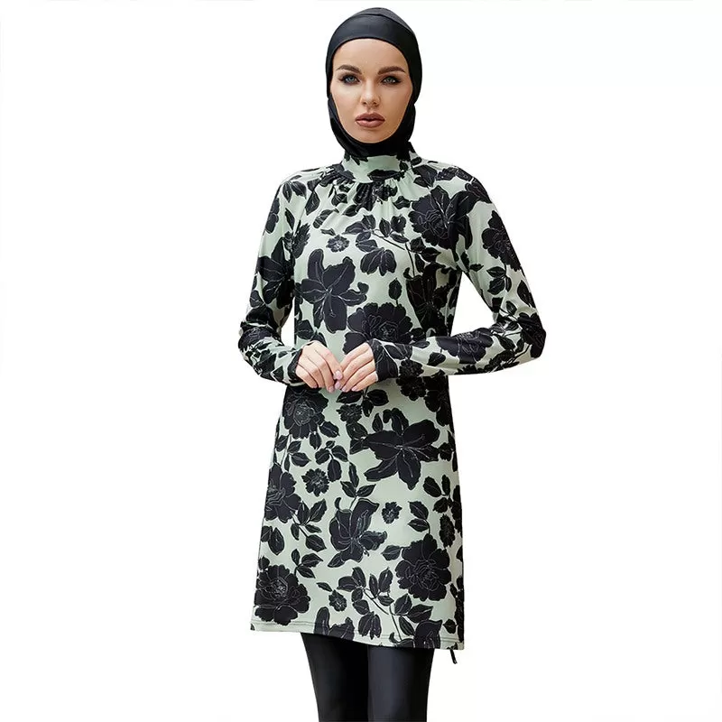 3 Pieces Set Floral Printed Burkini Bathing Suit Swimwear For Muslim Women