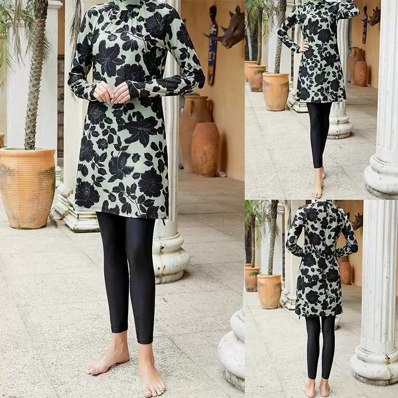 3 Pieces Set Floral Printed Burkini Bathing Suit Swimwear For Muslim Women