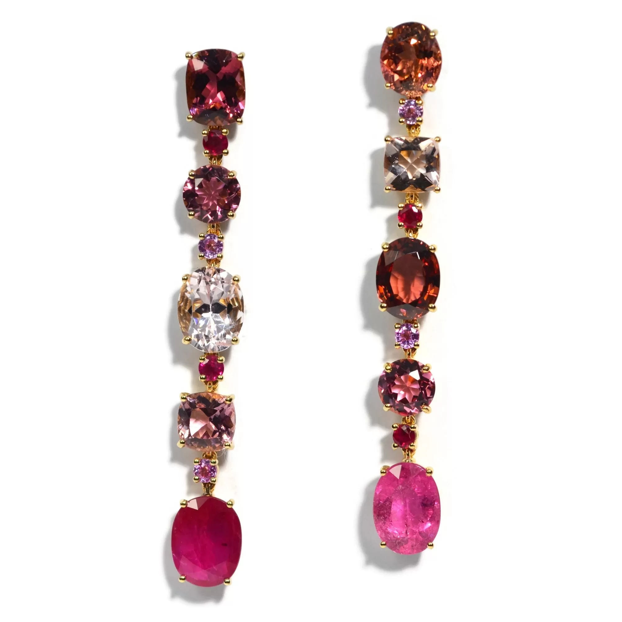 A & Furst - Party - One of a Kind Mismatched Drop Earrings with Rubellite, Morganite, Pink Tourmaline, Rubies and Pink Sapphires, 18k Yellow Gold