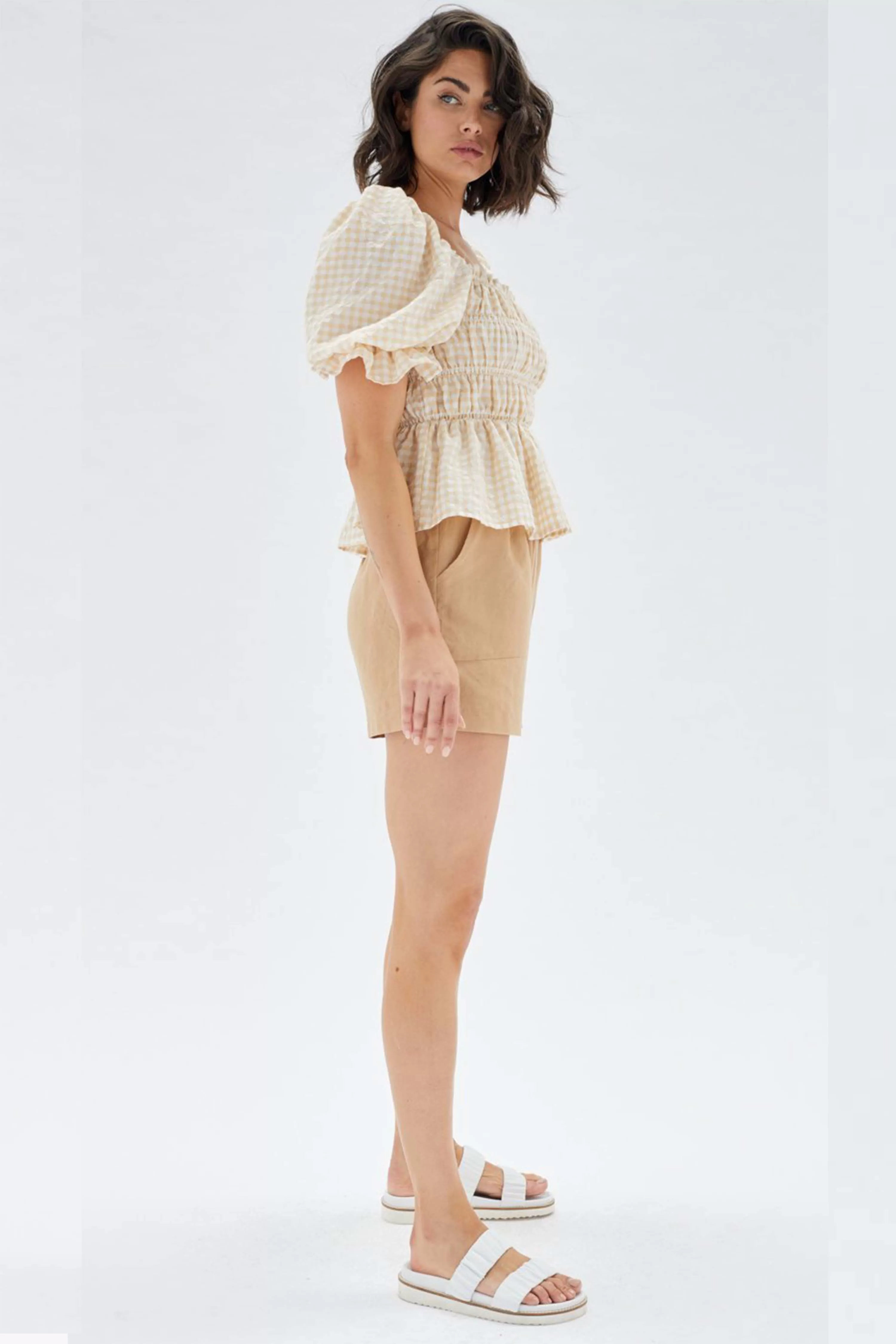 Abu Puff Sleeve Beige White Check Shirred Top