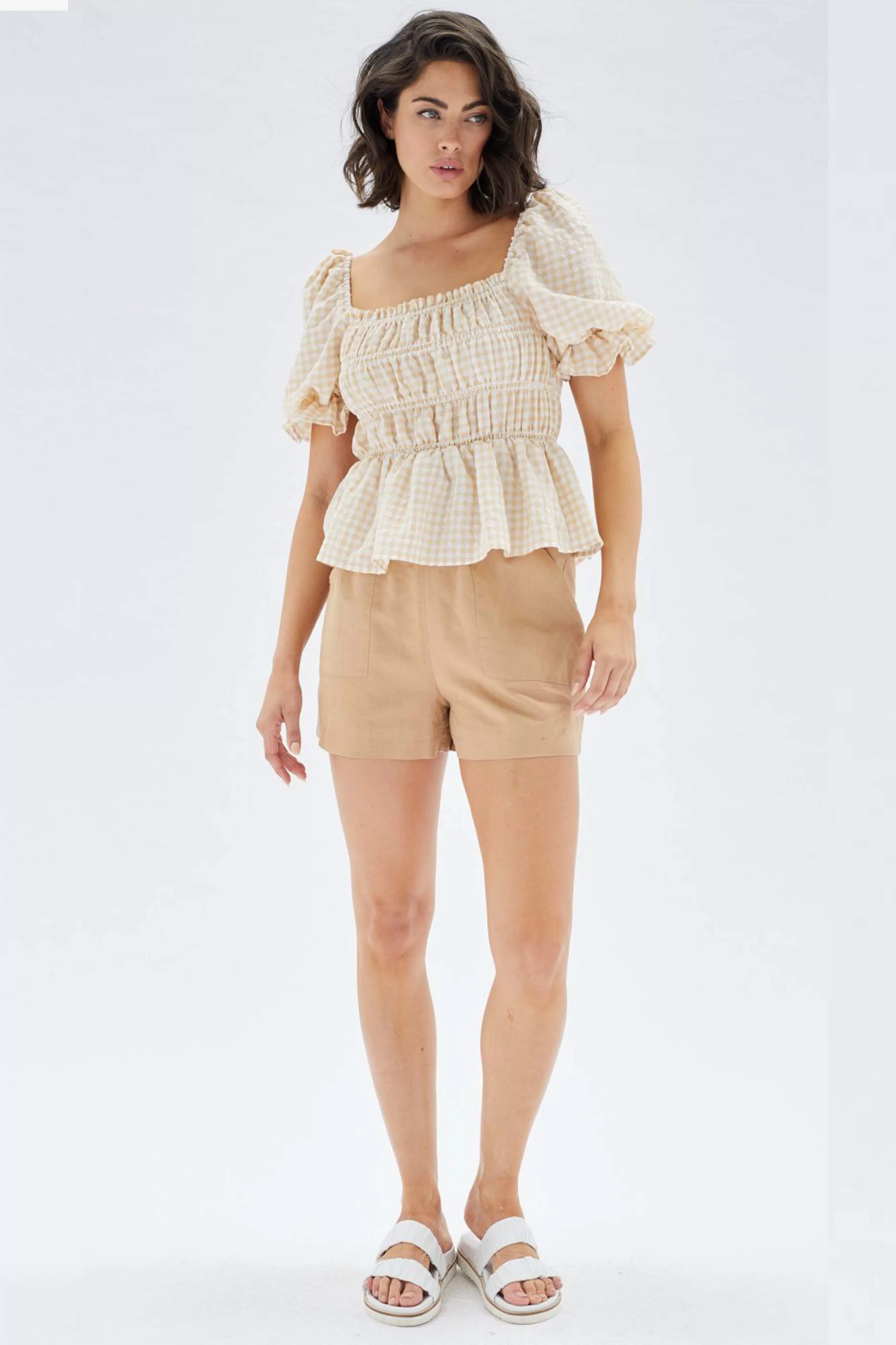 Abu Puff Sleeve Beige White Check Shirred Top