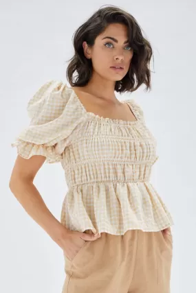 Abu Puff Sleeve Beige White Check Shirred Top