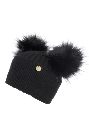 Adults Double Black Angora Beanie with matching Poms