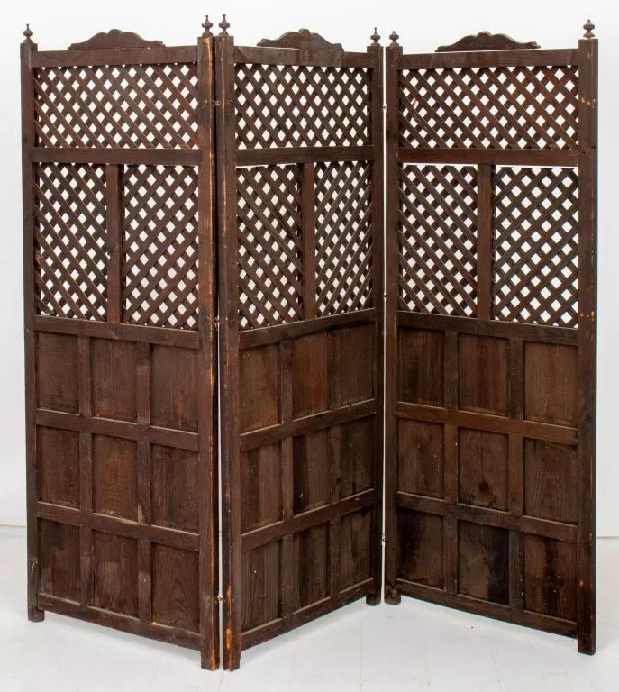 Anglo Indian Wooden Lattice Three Panel Screen