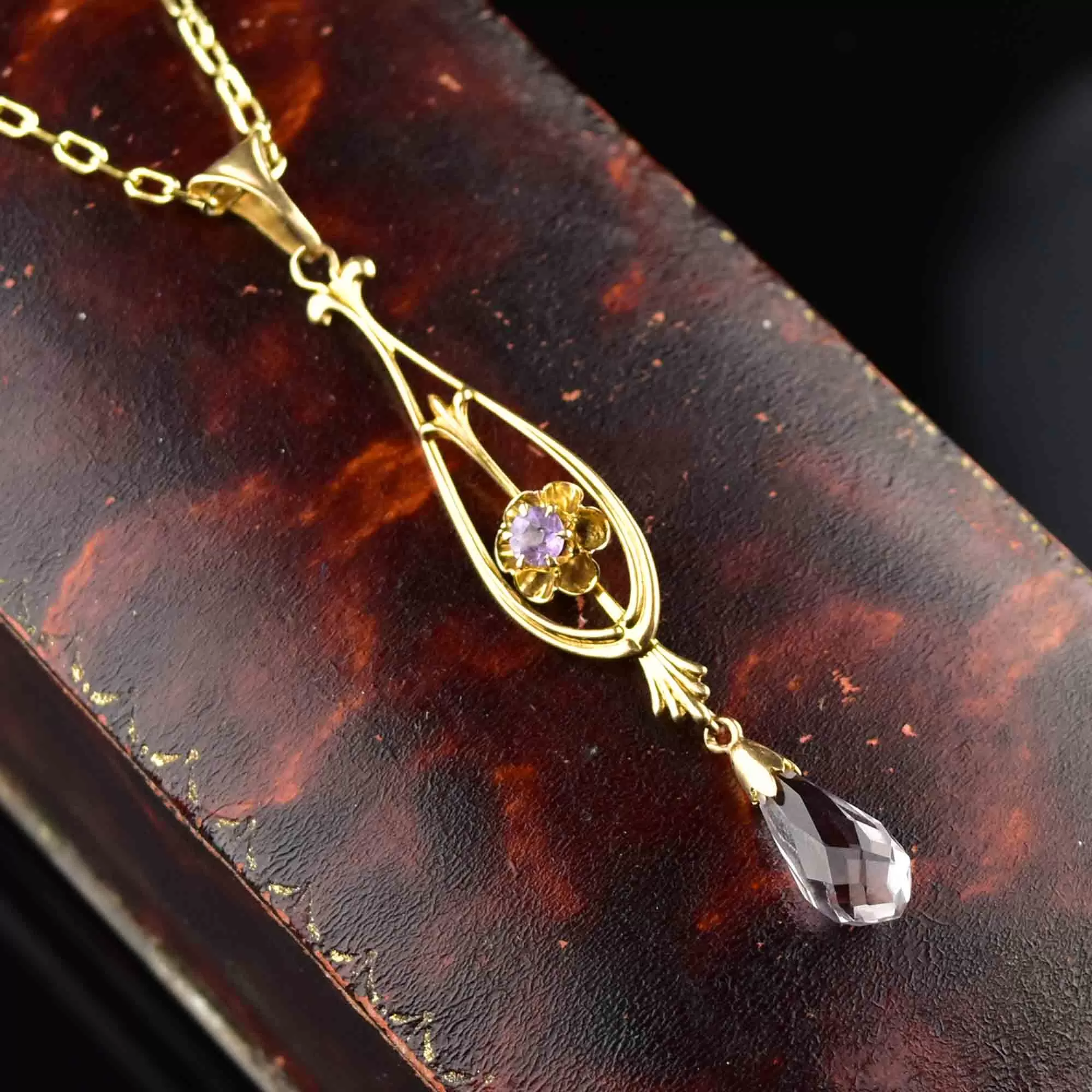 Antique 10K Gold Amethyst Lavalier Necklace