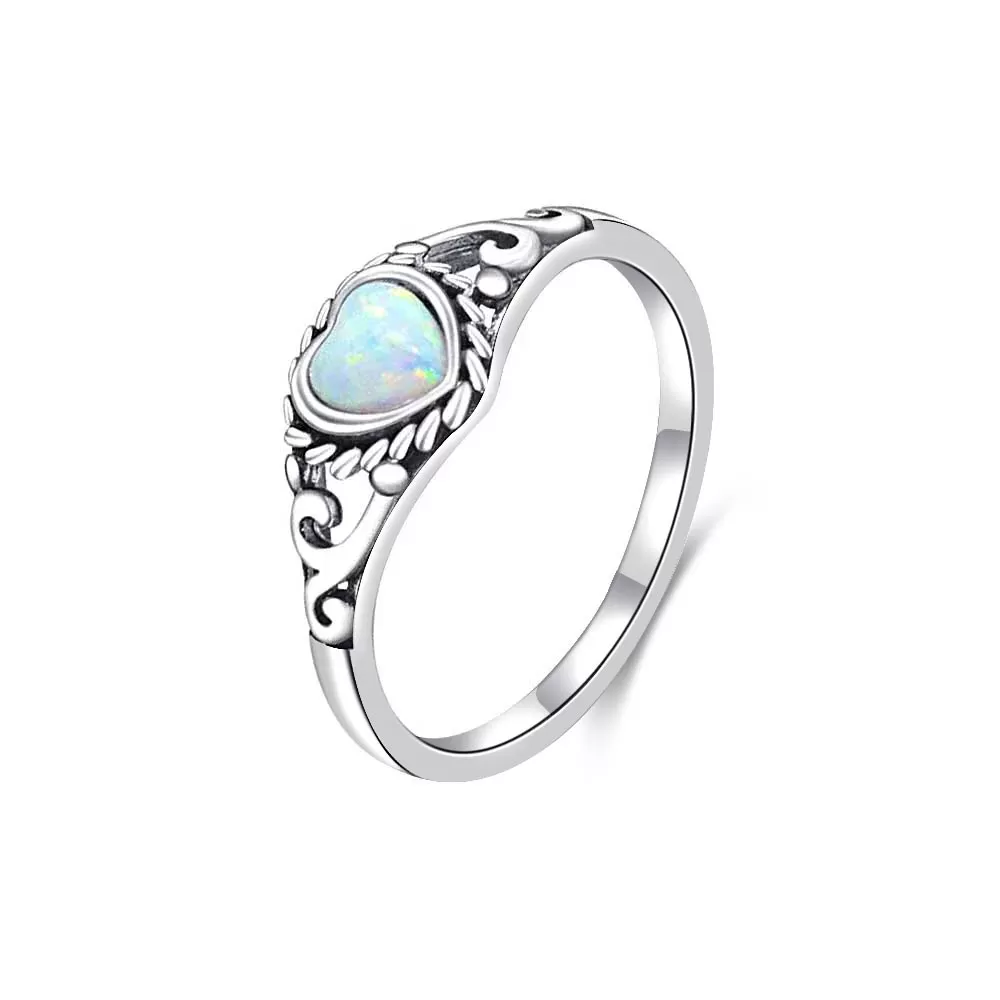 Antique Design  Simulated Heart Shape Opal Ring Sterling Silver