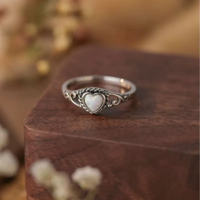 Antique Design  Simulated Heart Shape Opal Ring Sterling Silver