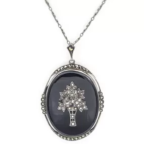 Antique Sterling Silver Black Onyx & Marcasite Mourning Locket Pendant Necklace