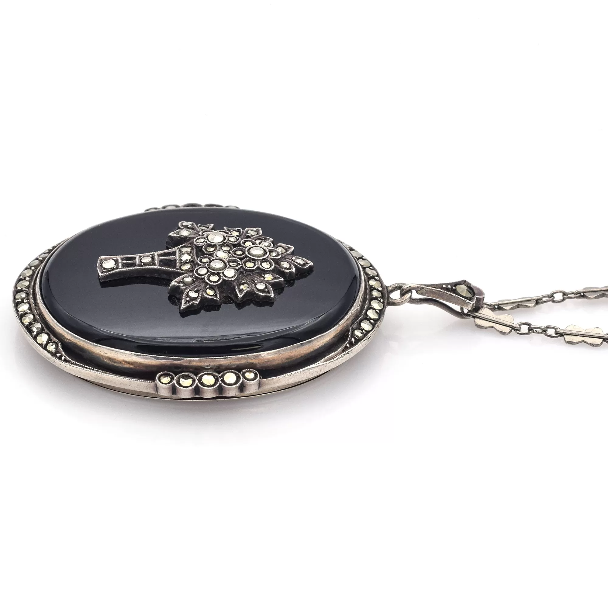 Antique Sterling Silver Black Onyx & Marcasite Mourning Locket Pendant Necklace