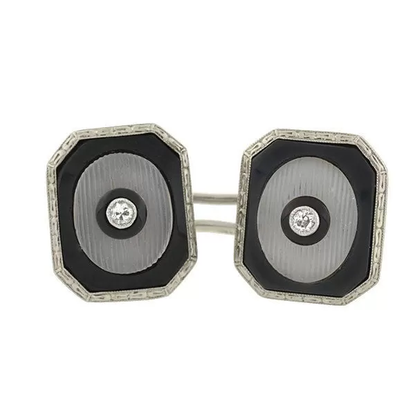 Art Deco 14kt Onyx Rock Quartz & Diamond Cufflinks