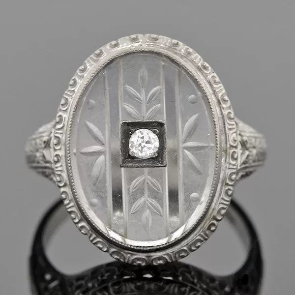 Art Deco 18kt Rock Quartz Crystal & Diamond Filigree Ring