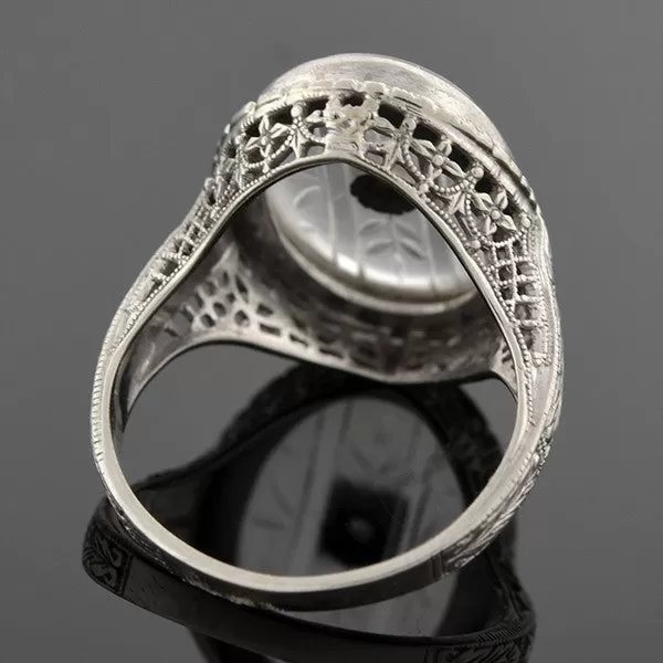 Art Deco 18kt Rock Quartz Crystal & Diamond Filigree Ring