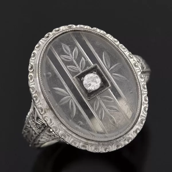 Art Deco 18kt Rock Quartz Crystal & Diamond Filigree Ring