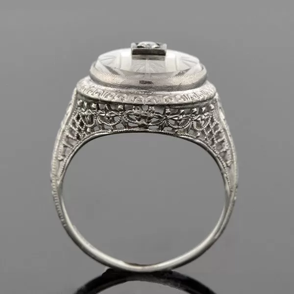 Art Deco 18kt Rock Quartz Crystal & Diamond Filigree Ring