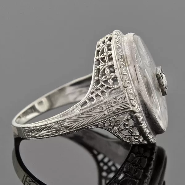 Art Deco 18kt Rock Quartz Crystal & Diamond Filigree Ring