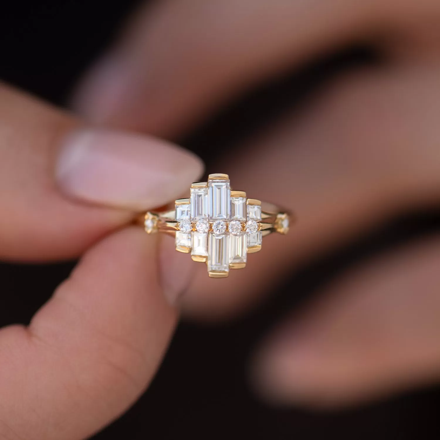 Art Deco Engagement Ring with Asymmetrical Baguette Diamonds