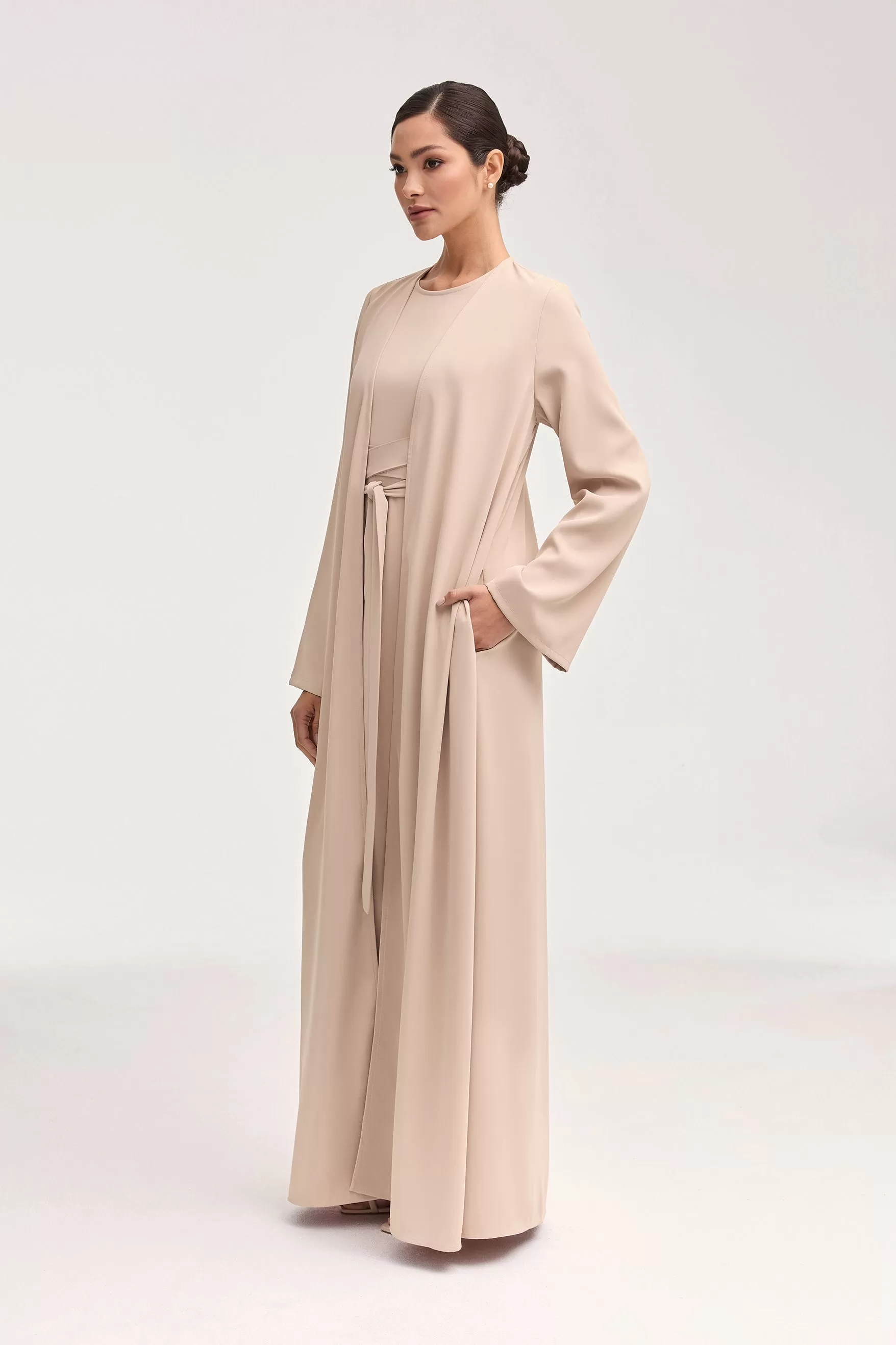 Asalah Wrap Waist Maxi Dress & Abaya Set - Creme Brulee