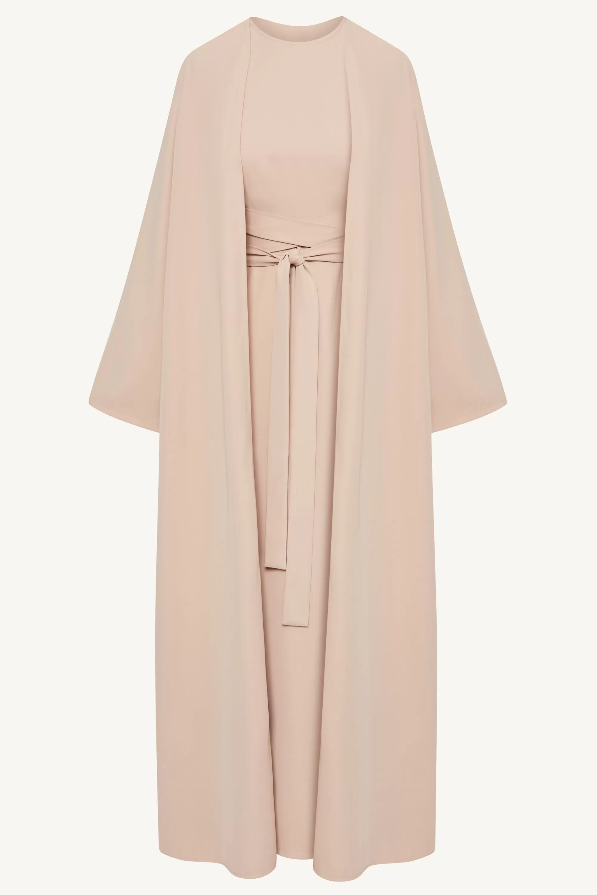 Asalah Wrap Waist Maxi Dress & Abaya Set - Creme Brulee