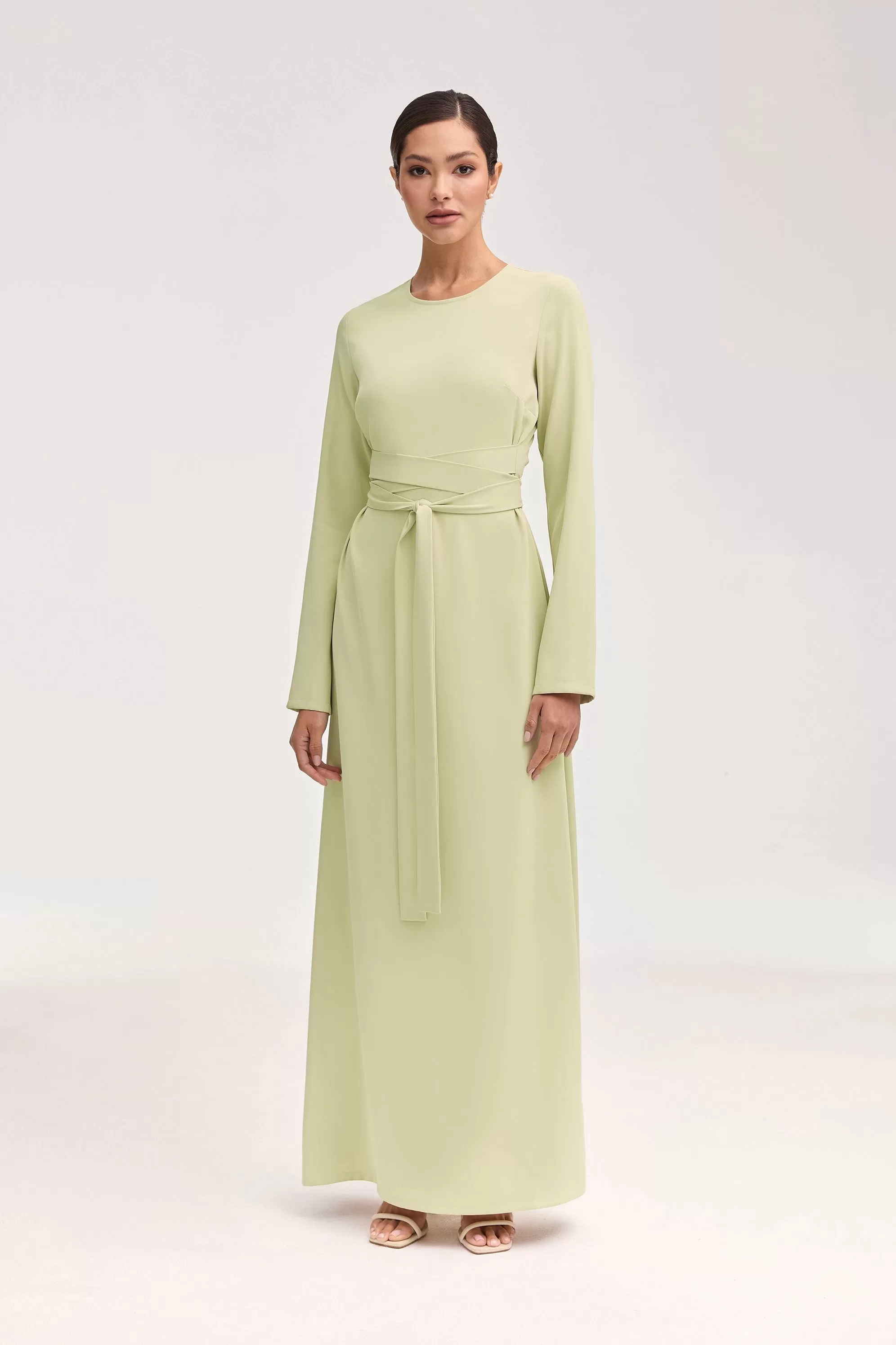 Asalah Wrap Waist Maxi Dress & Abaya Set - Pistachio