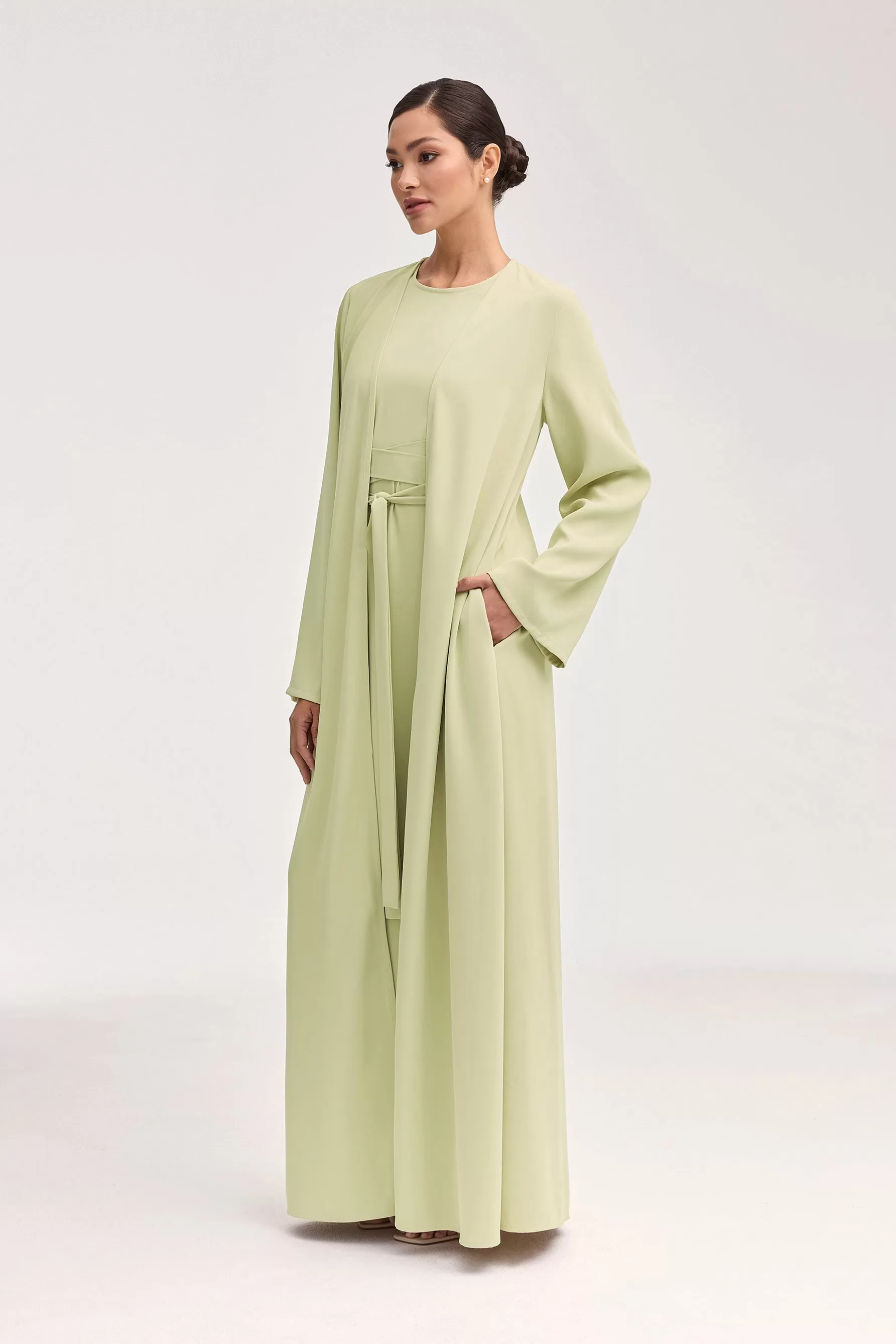 Asalah Wrap Waist Maxi Dress & Abaya Set - Pistachio