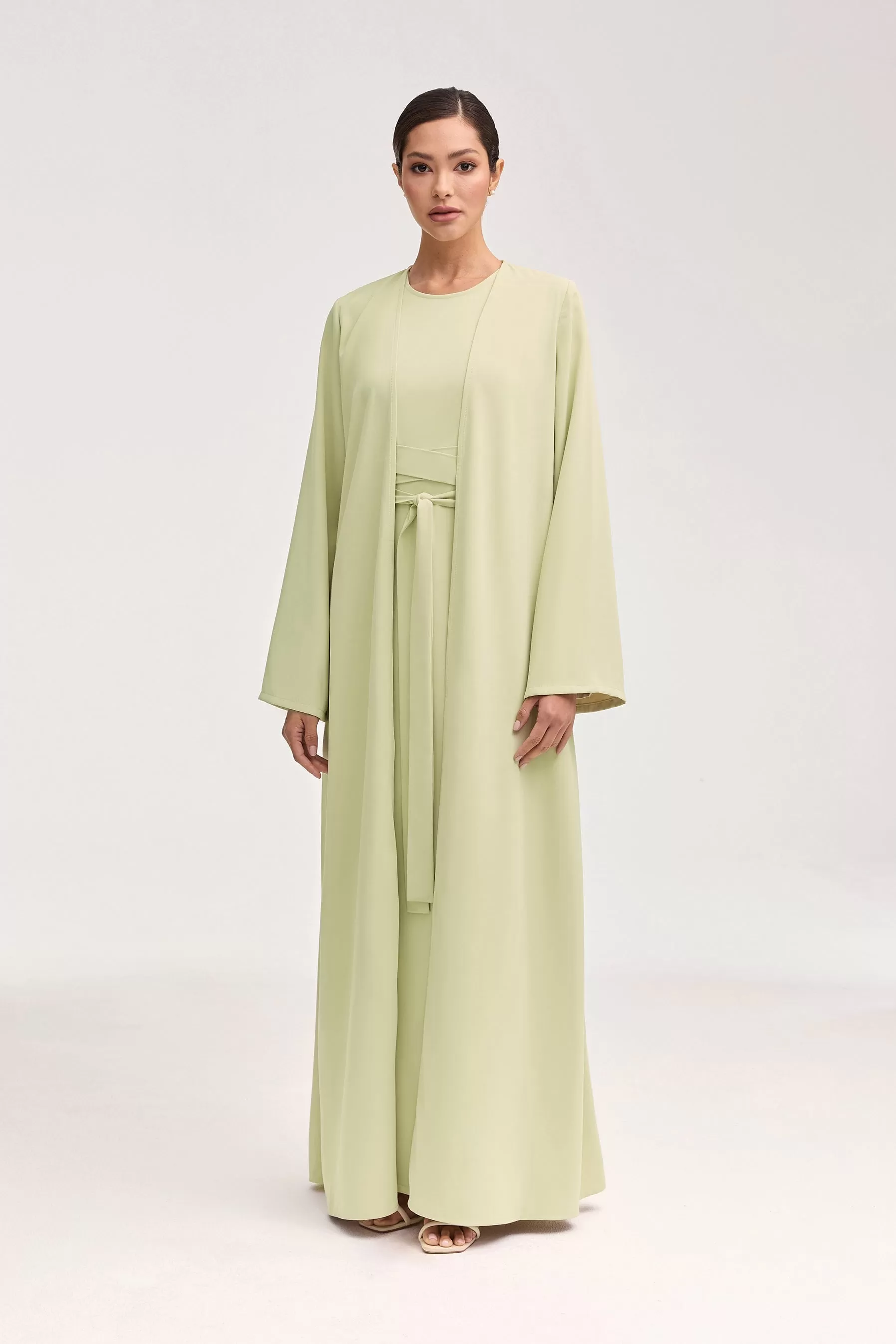 Asalah Wrap Waist Maxi Dress & Abaya Set - Pistachio