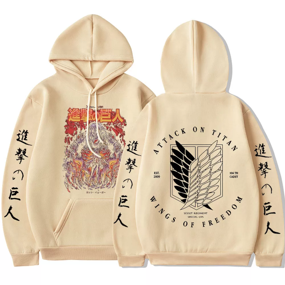 Attack on Titan Eren Yeager Japan Anime Graphic Wings of Freedom Hooded Sweatshirt Oversized Pullover