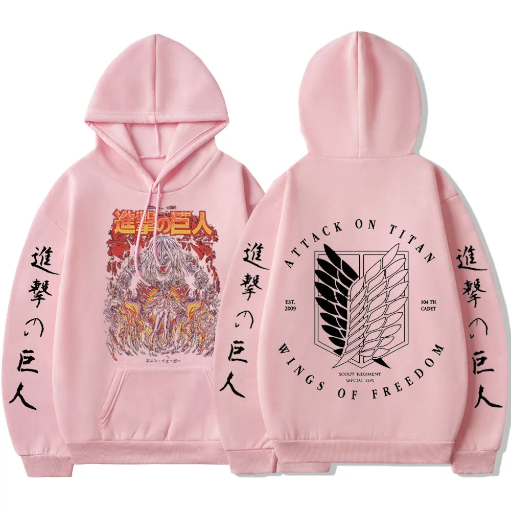 Attack on Titan Eren Yeager Japan Anime Graphic Wings of Freedom Hooded Sweatshirt Oversized Pullover