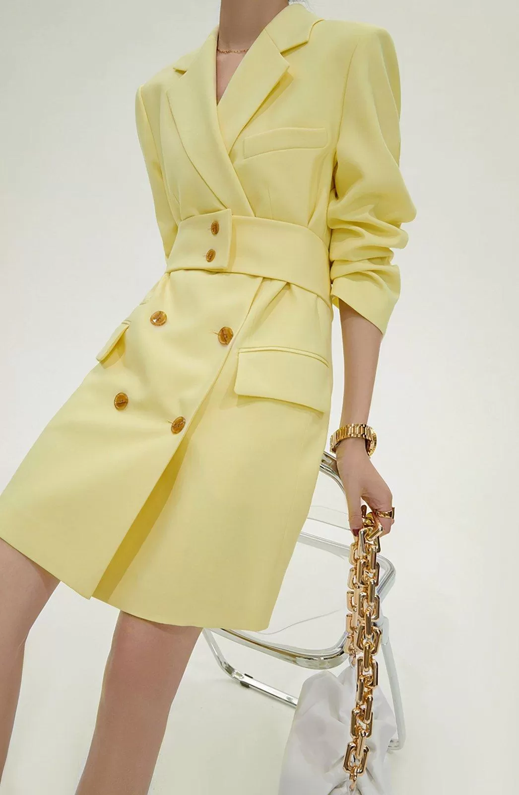 Aviva Yellow Double Breasted Long Sleeve Blazer Dress