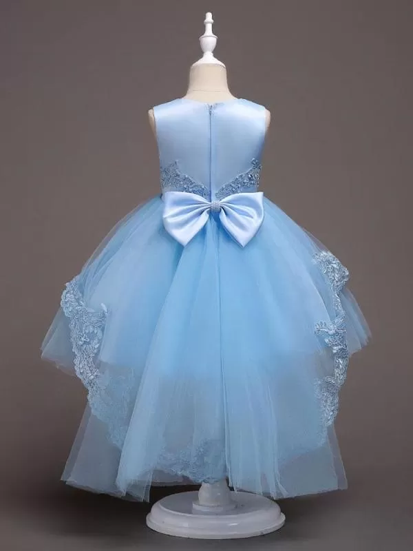 Baby Blue Lace Tulle Princess Tutu Embroidered Hi-Lo Ball Gown with Appliques for Kids