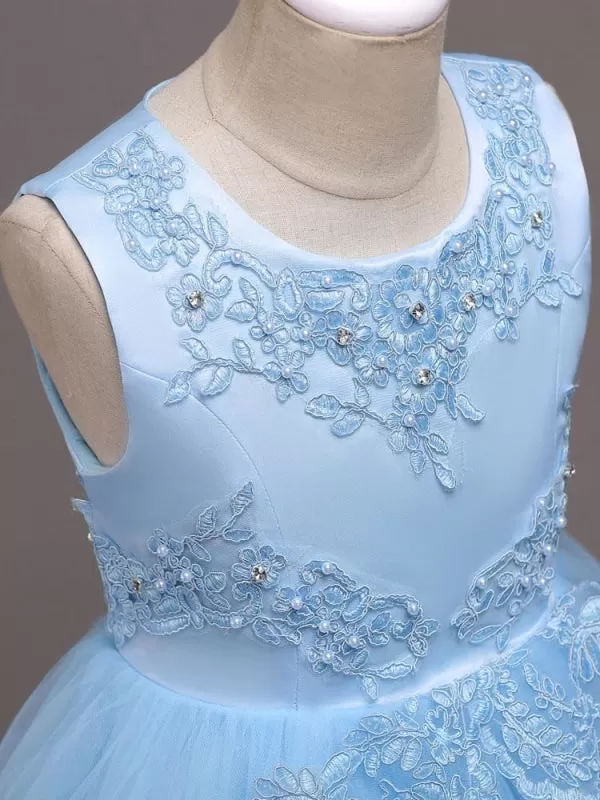 Baby Blue Lace Tulle Princess Tutu Embroidered Hi-Lo Ball Gown with Appliques for Kids