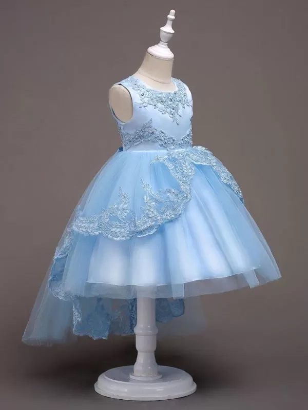 Baby Blue Lace Tulle Princess Tutu Embroidered Hi-Lo Ball Gown with Appliques for Kids