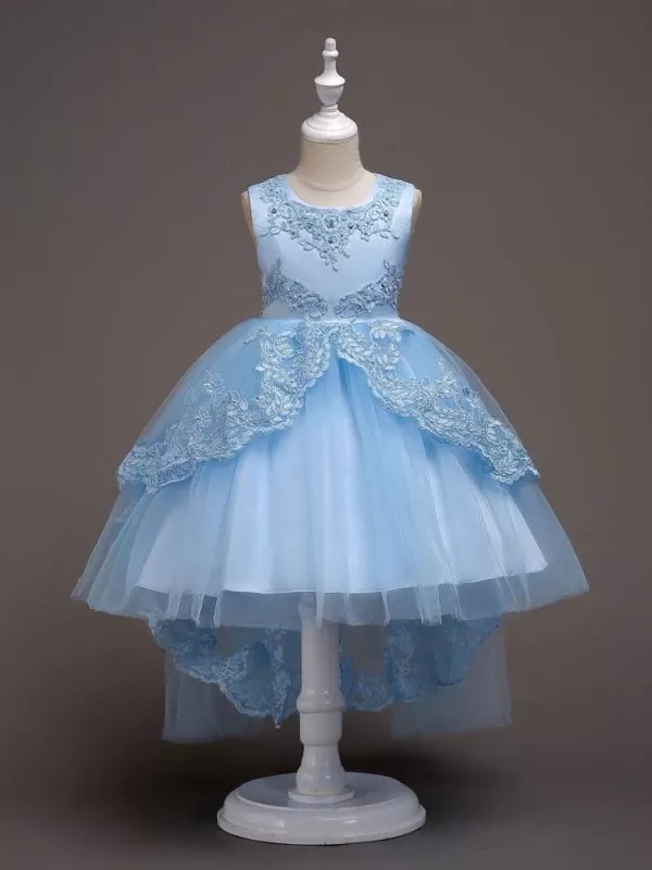 Baby Blue Lace Tulle Princess Tutu Embroidered Hi-Lo Ball Gown with Appliques for Kids