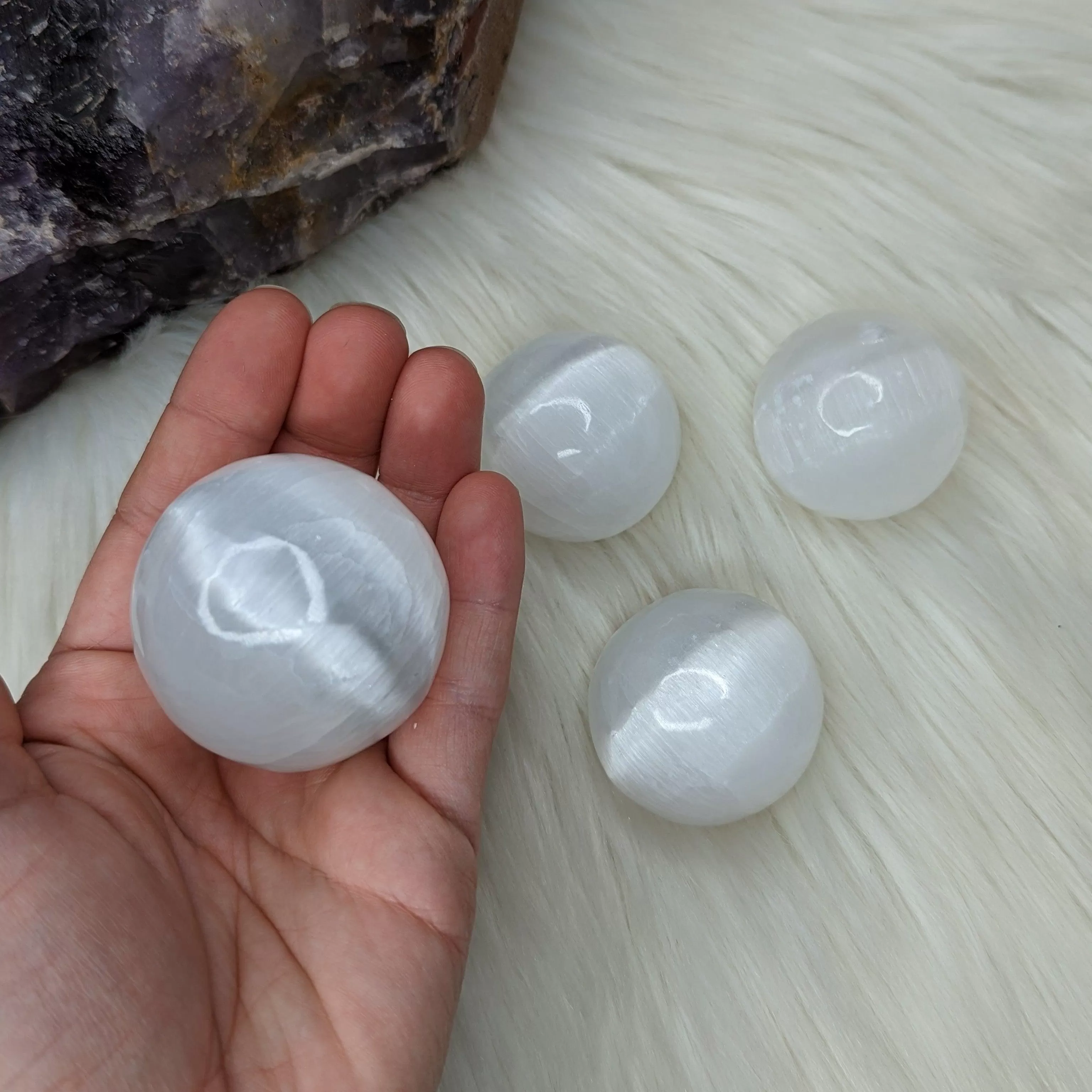 Beautiful Glowing White Selenite Sphere Carvings ~ Small Sphere