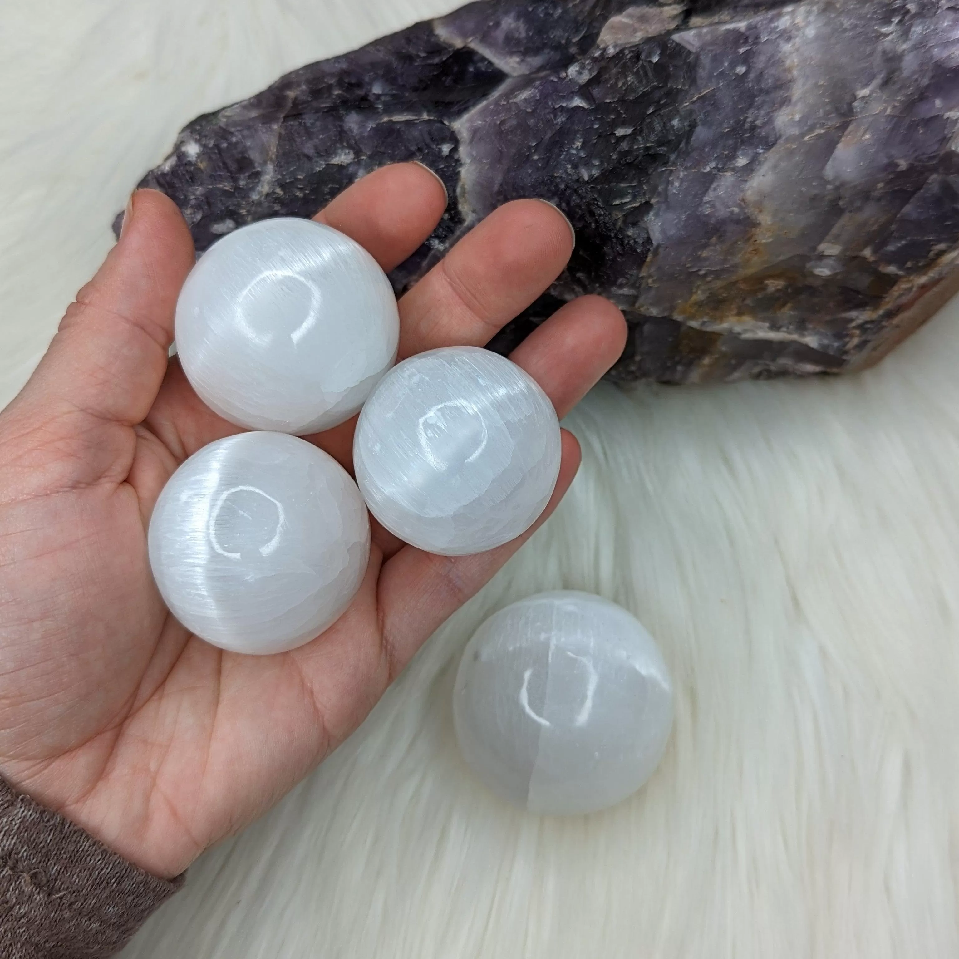 Beautiful Glowing White Selenite Sphere Carvings ~ Small Sphere