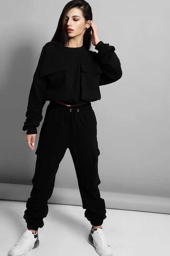 Black Exaggerated Front Pockets Cropped Top Tracksuit