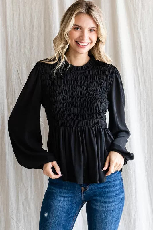 Black Smocked Chiffon Top