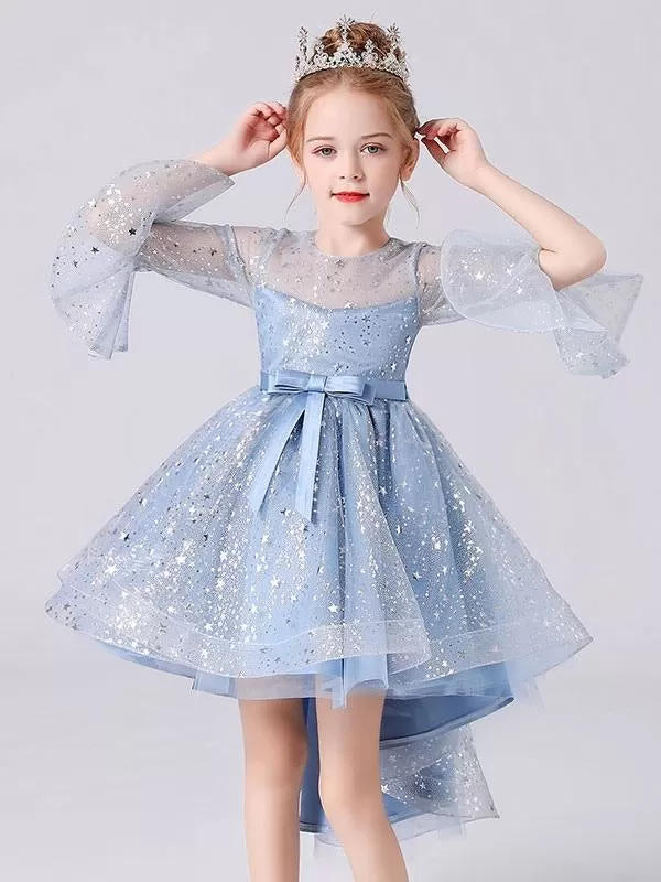 Blue Hi-Lo Flower Girl Dresses Jewel Neck 3/4 Puffy Sleevess Formal Kids Pageant Dresses