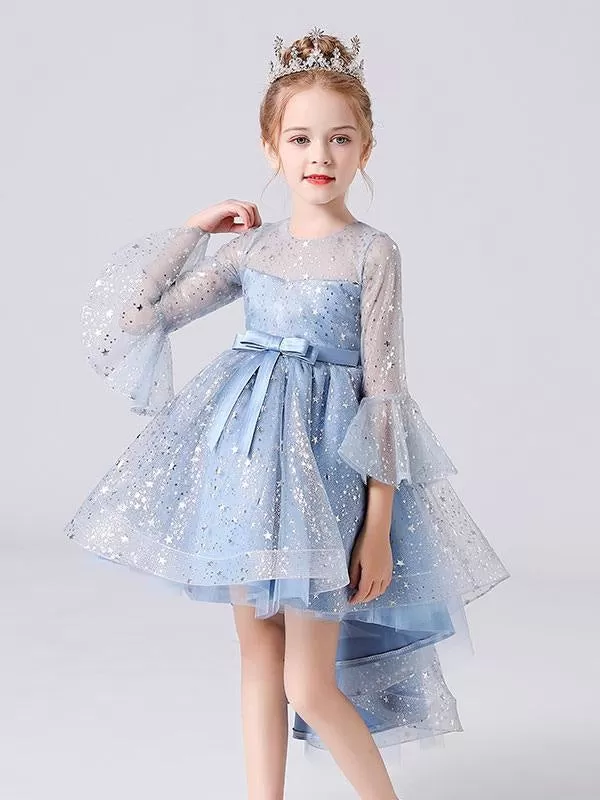 Blue Hi-Lo Flower Girl Dresses Jewel Neck 3/4 Puffy Sleevess Formal Kids Pageant Dresses