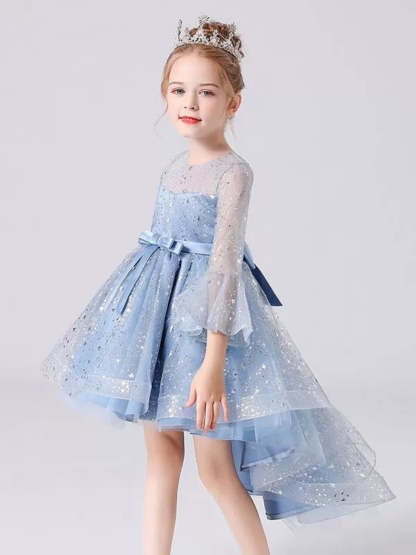 Blue Hi-Lo Flower Girl Dresses Jewel Neck 3/4 Puffy Sleevess Formal Kids Pageant Dresses