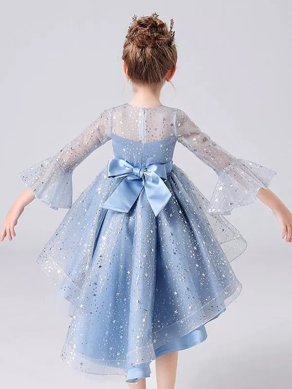 Blue Hi-Lo Flower Girl Dresses Jewel Neck 3/4 Puffy Sleevess Formal Kids Pageant Dresses