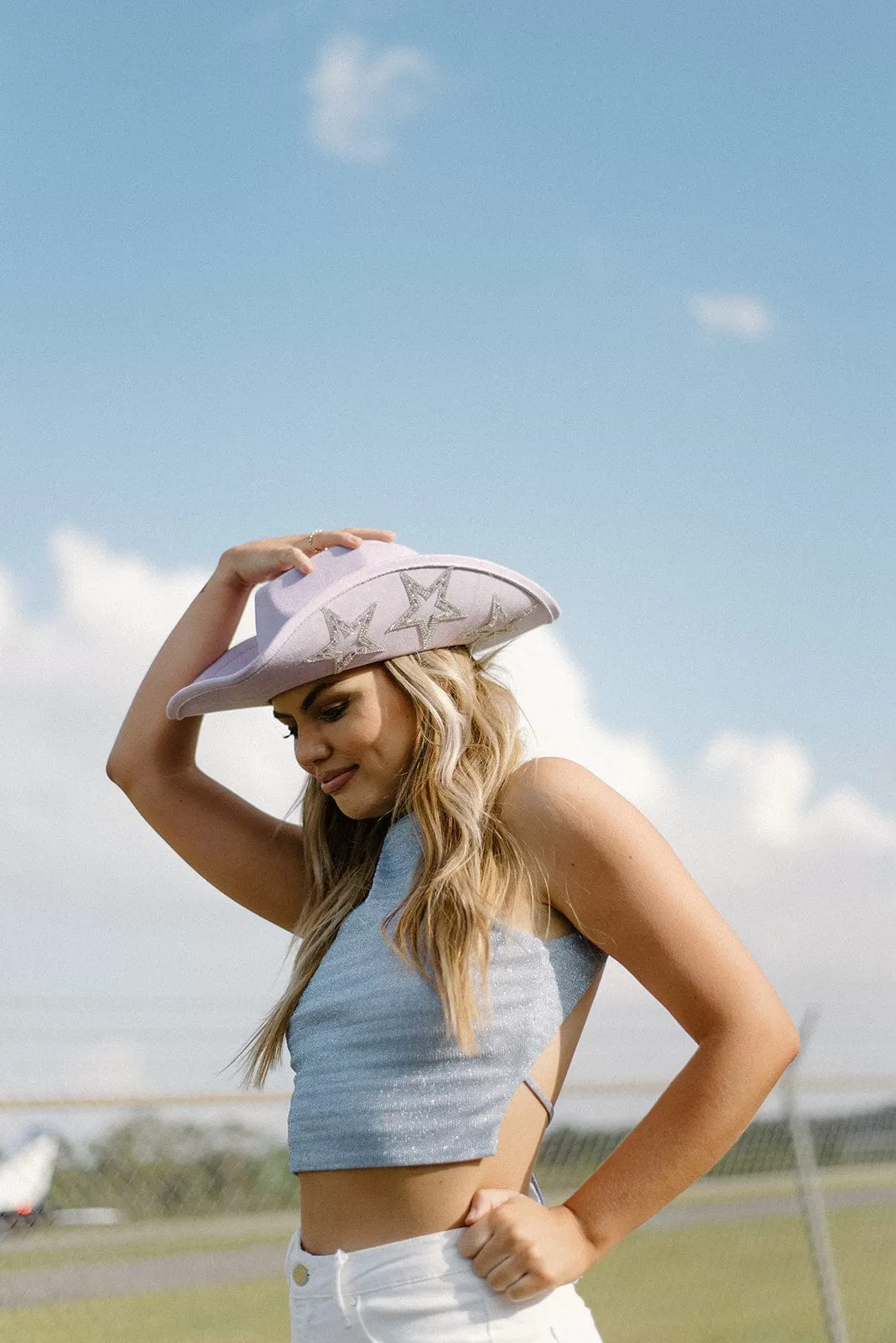 Blue Metallic Mock Neck Crop Top