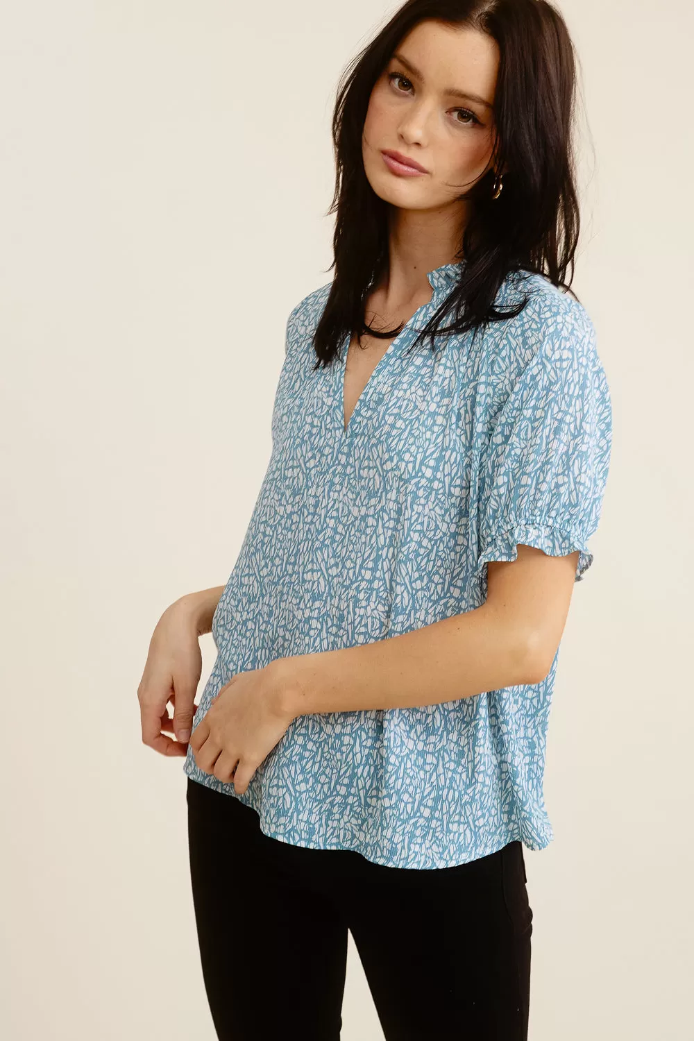 Blue Patterned Puff Sleeve Blouse