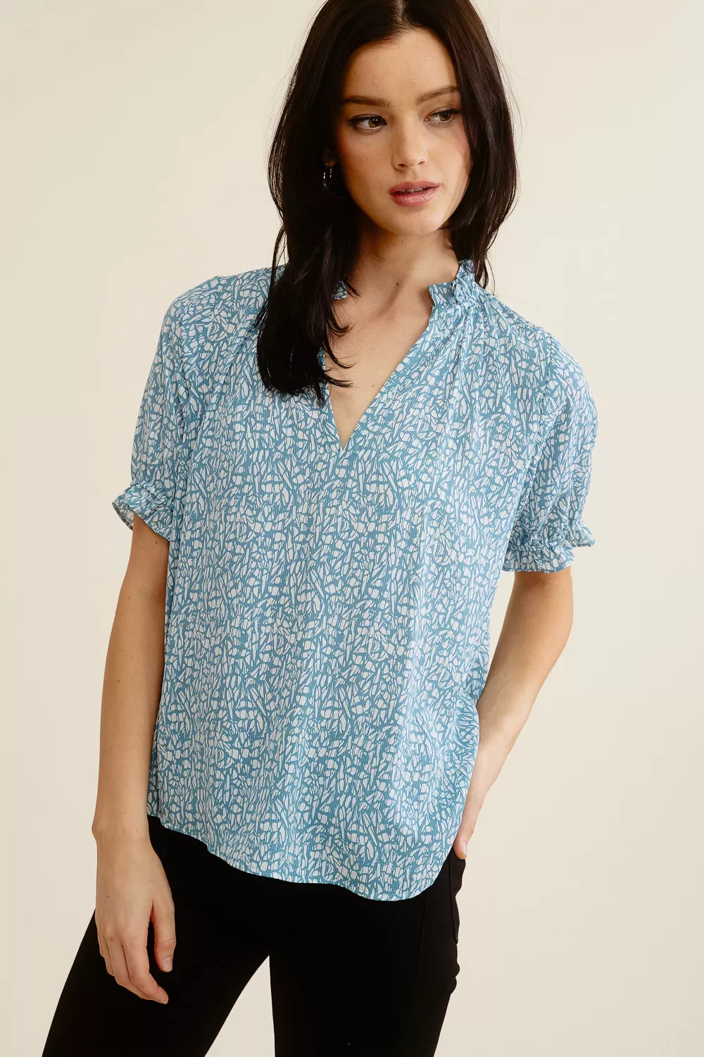 Blue Patterned Puff Sleeve Blouse