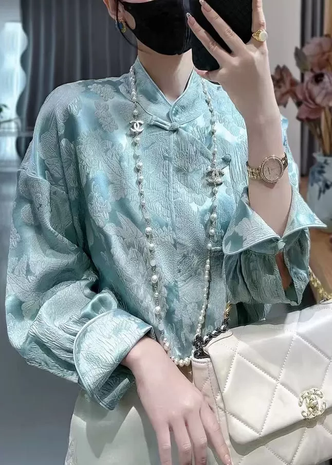 Blue Sky Blue Print Silk Shirt Stand Collar Long Sleeve QA1056