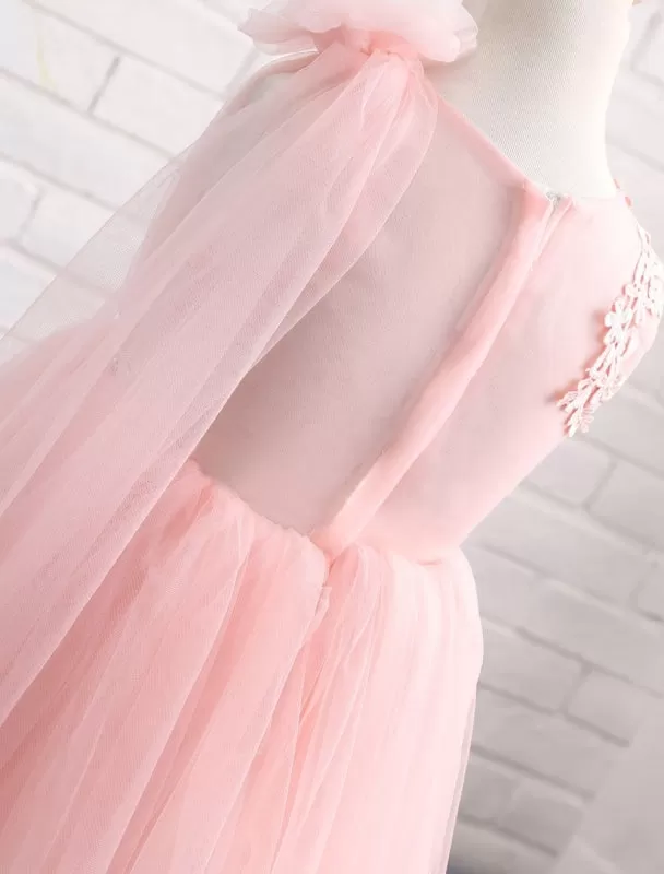 Blush Pink Little Flower Girl Dress Tulle Lace Applique Princess Knee Length  Pageant Dress With Side Draping